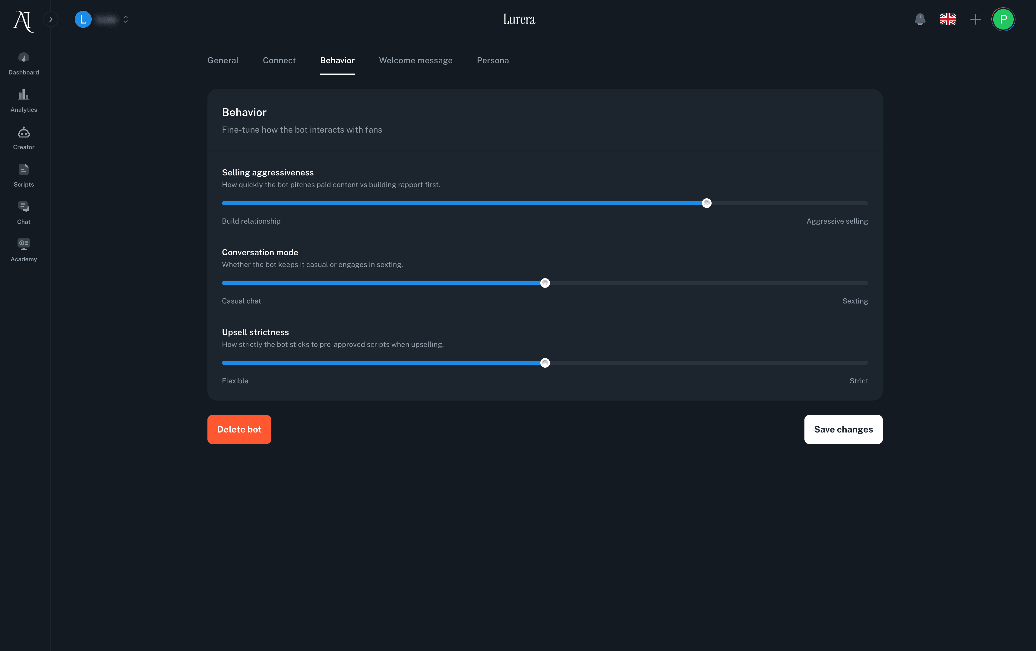 Lurera bot configuration showing selling aggressiveness, conversation mode, and upsell strictness sliders