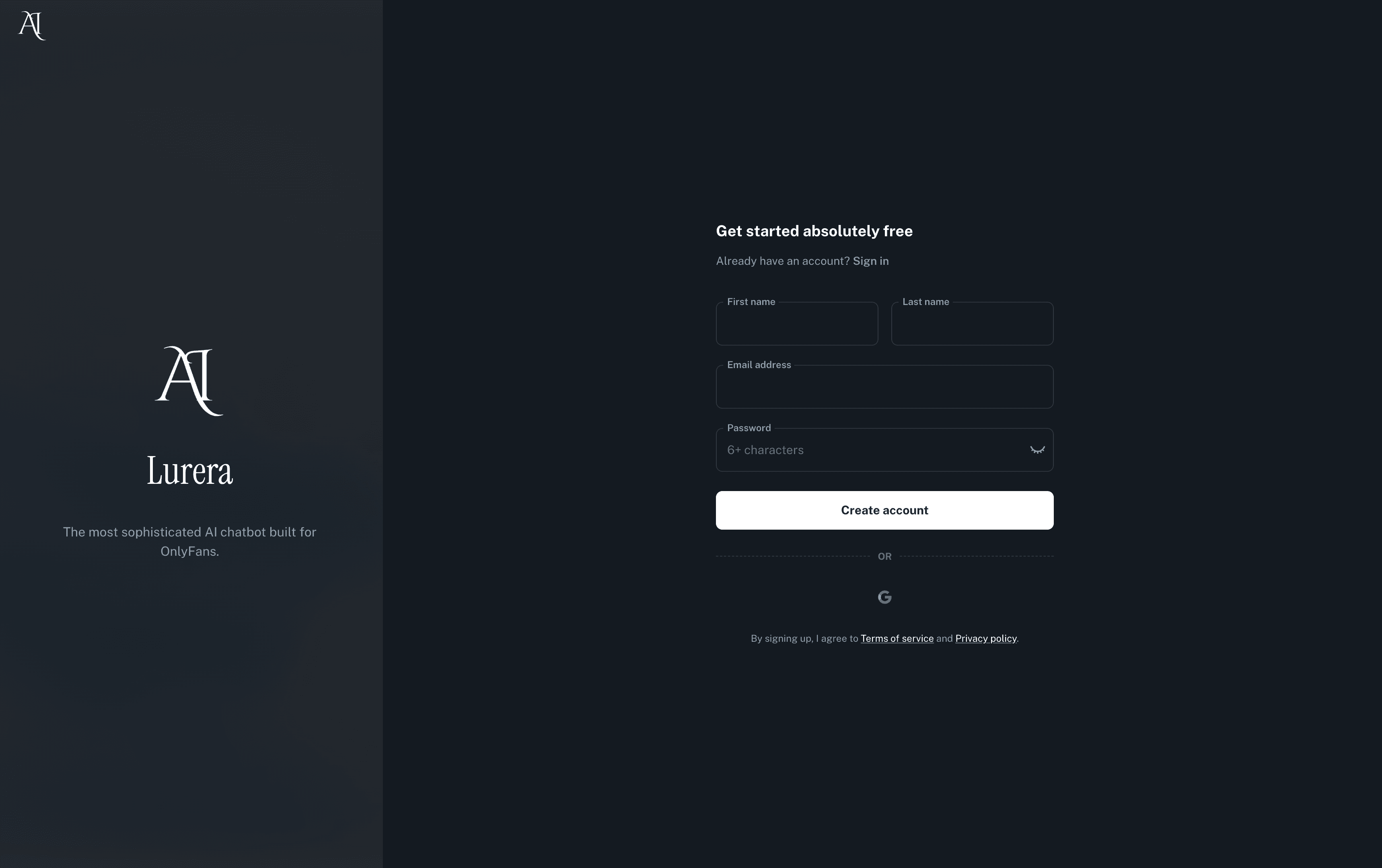 Lurera signup page showing free account creation with email or Google sign-in